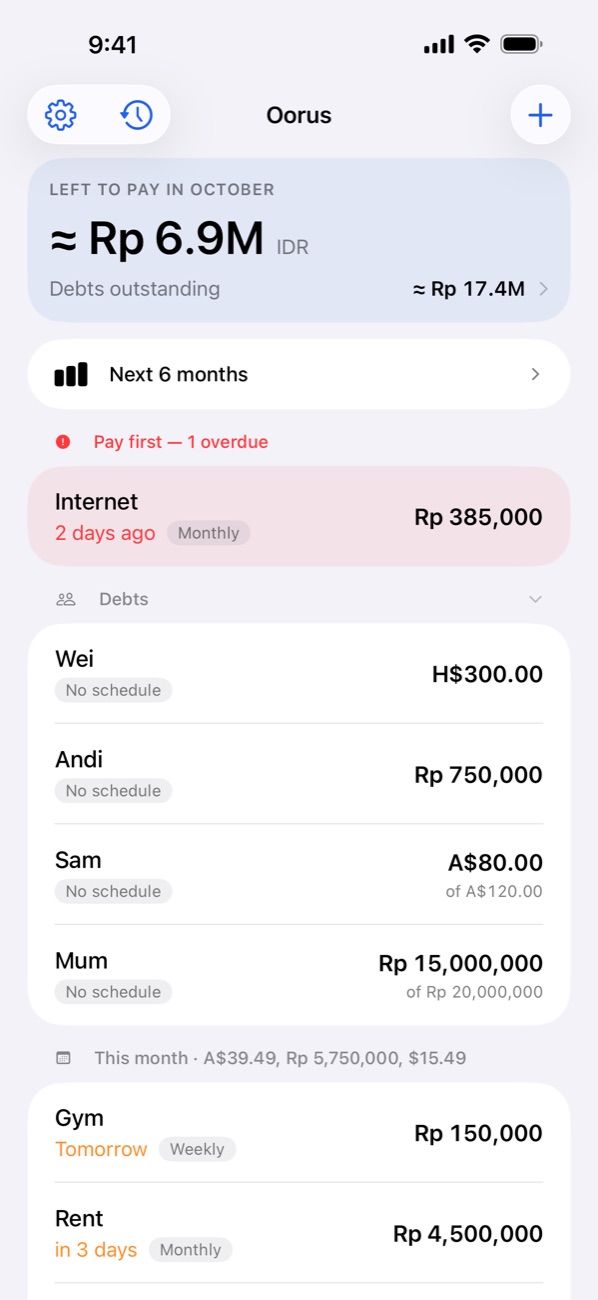 The Oorus dashboard: what is left to pay this month, an overdue bill, debts and upcoming payments